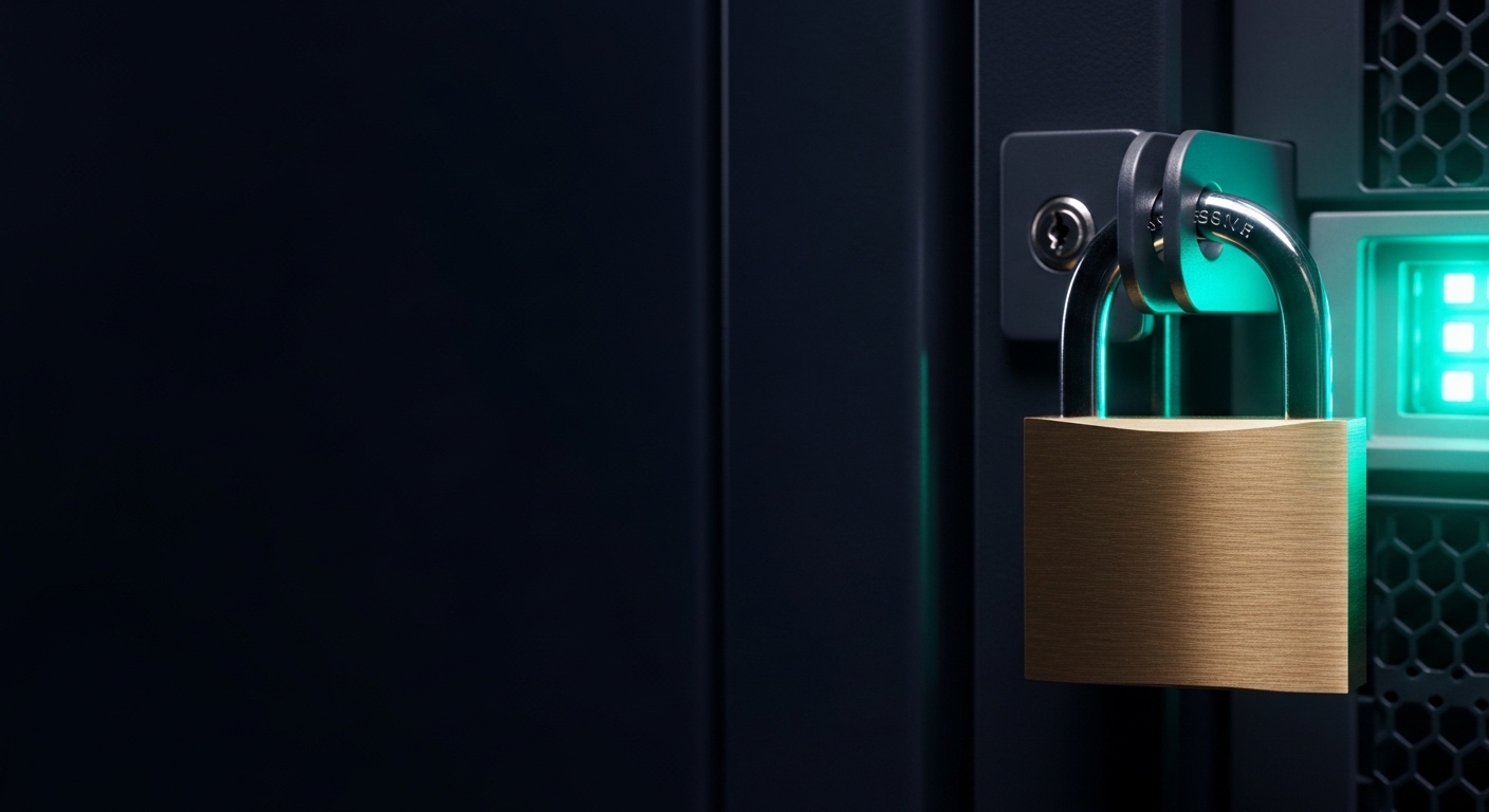 Padlock securing a server rack representing data security