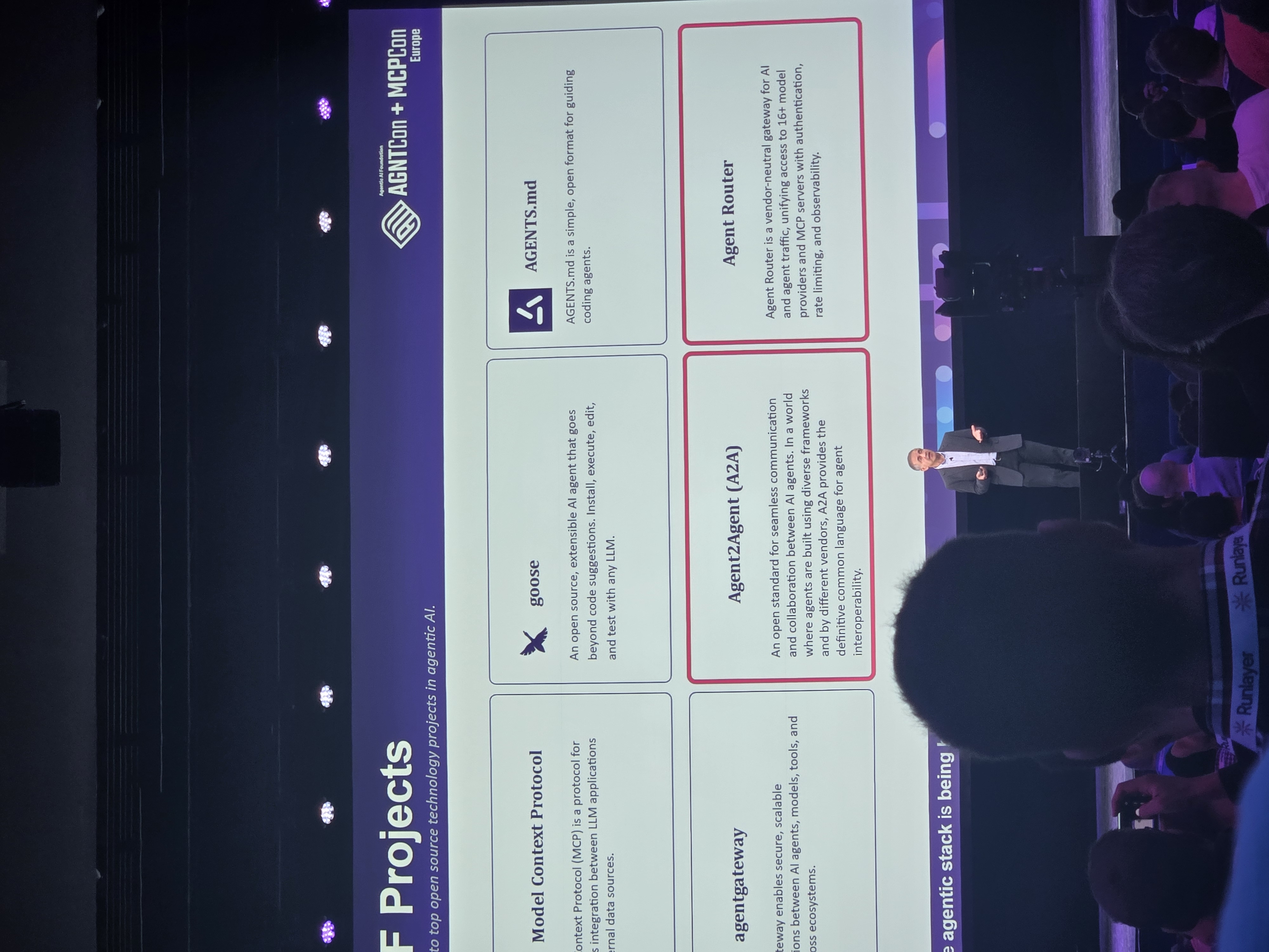 Slide showing Agentic AI Foundation projects: MCP, goose, AGENTS.md, agentgateway, A2A, and Agent Router, by Andre Cobham