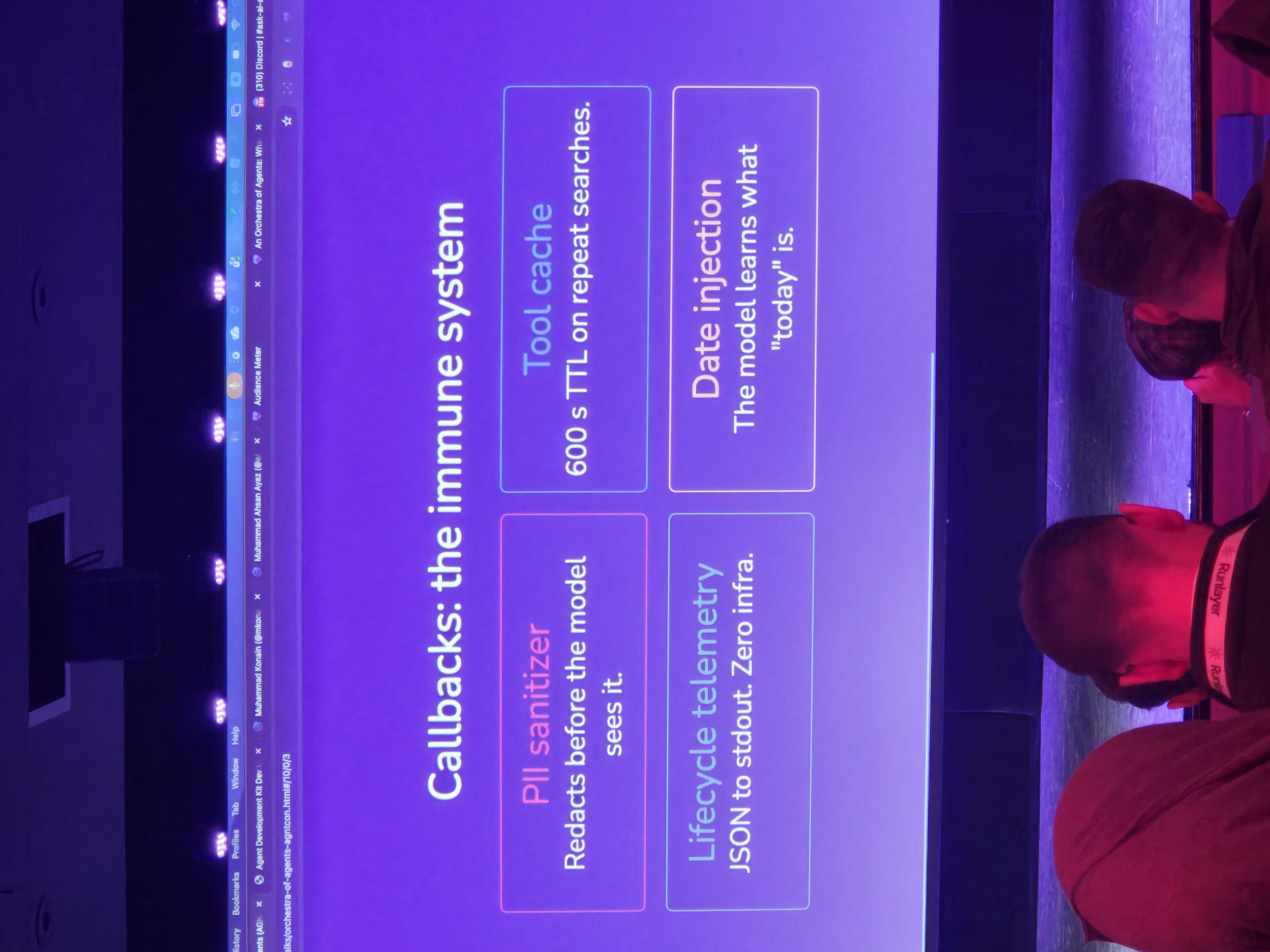 Slide showing callbacks as the immune system: PII sanitizer, tool cache, lifecycle telemetry, and date injection, by Andre Cobham
