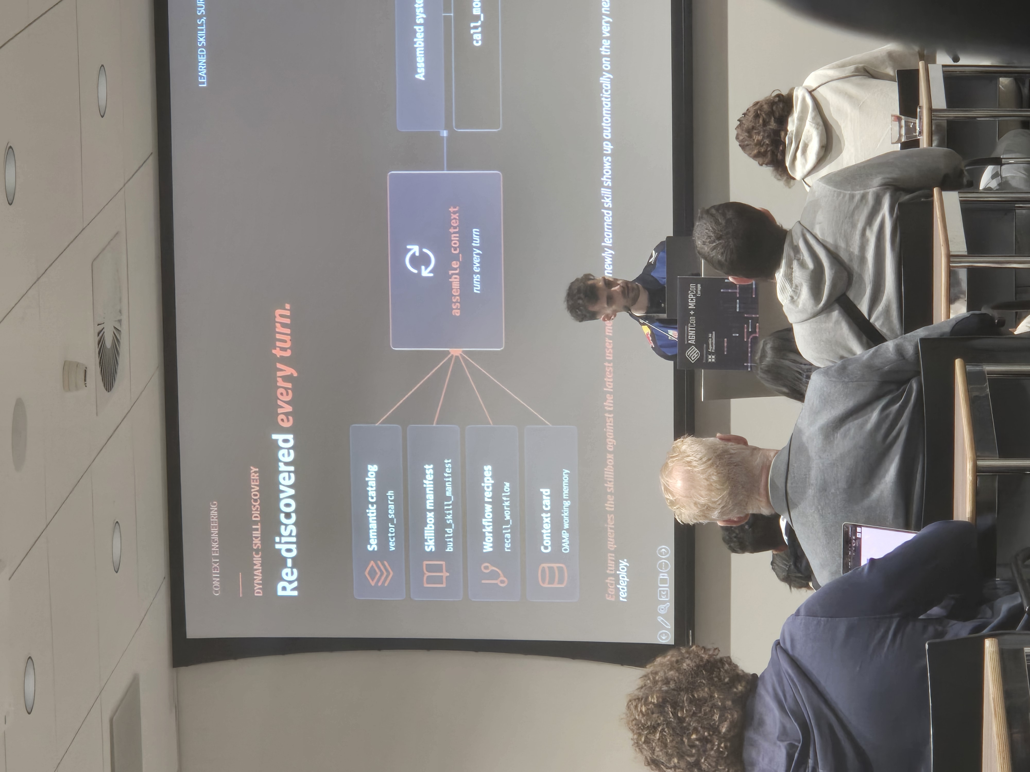 Slide showing dynamic skill discovery with semantic catalog, skillbox manifest, workflow recipes, and context card feeding assemble_context every turn, by Andre Cobham