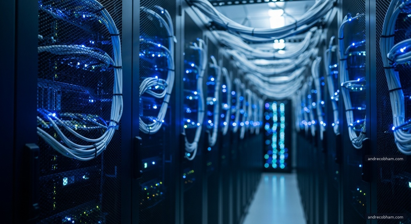 Server corridor with blue lighting — AI compute infrastructure