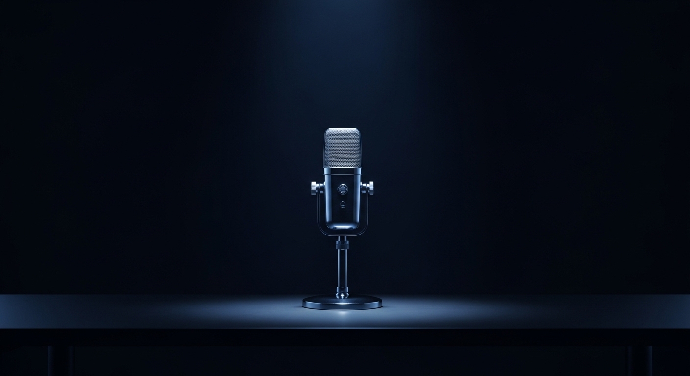 A vintage broadcast microphone lit by a single spotlight on a dark desk, representing the ASYNC weekly audio roundup, by Andre Cobham