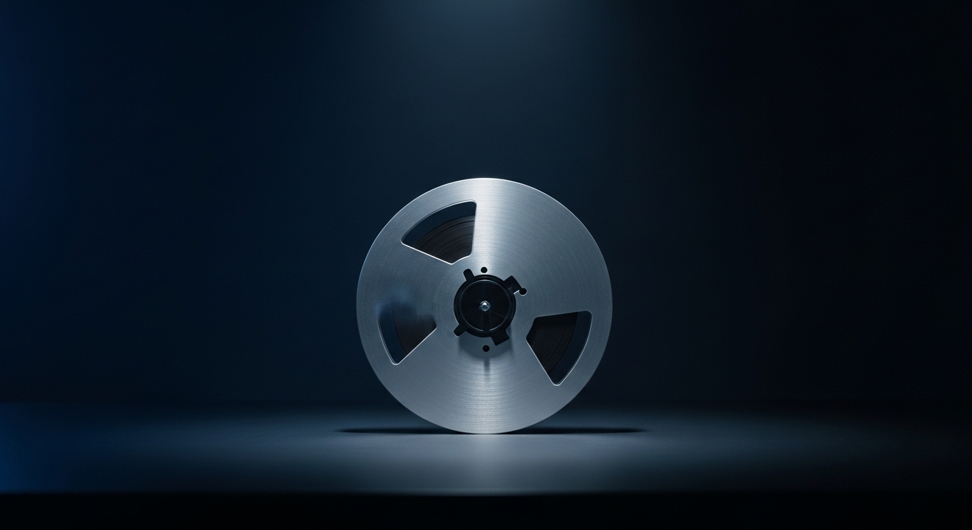 A reel-to-reel tape recorder spool lit by a single spotlight on a dark desk, representing the ASYNC weekly audio roundup, by Andre Cobham