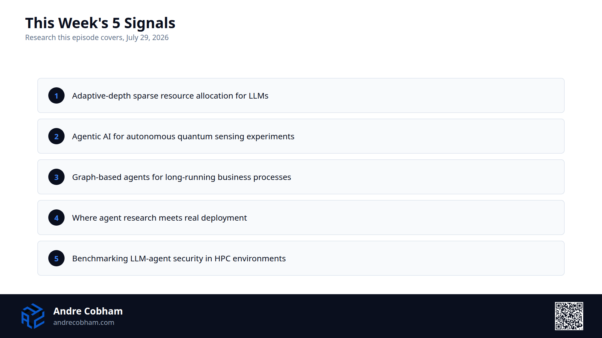 Numbered list of the five research items covered in this ASYNC episode for the week of July 29, 2026, by Andre Cobham