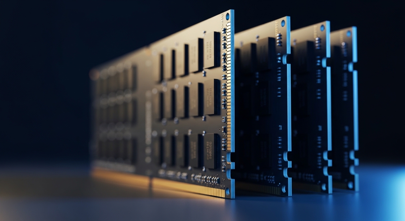 Rows of high-density server memory modules glowing with blue light on a dark surface, representing the global DRAM supply squeeze, by Andre Cobham