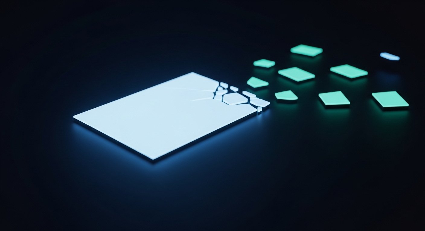 Abstract single monitor glow branching into multiple smaller glowing panels, representing single-threaded work forking into parallel multi-agent execution, by Andre Cobham