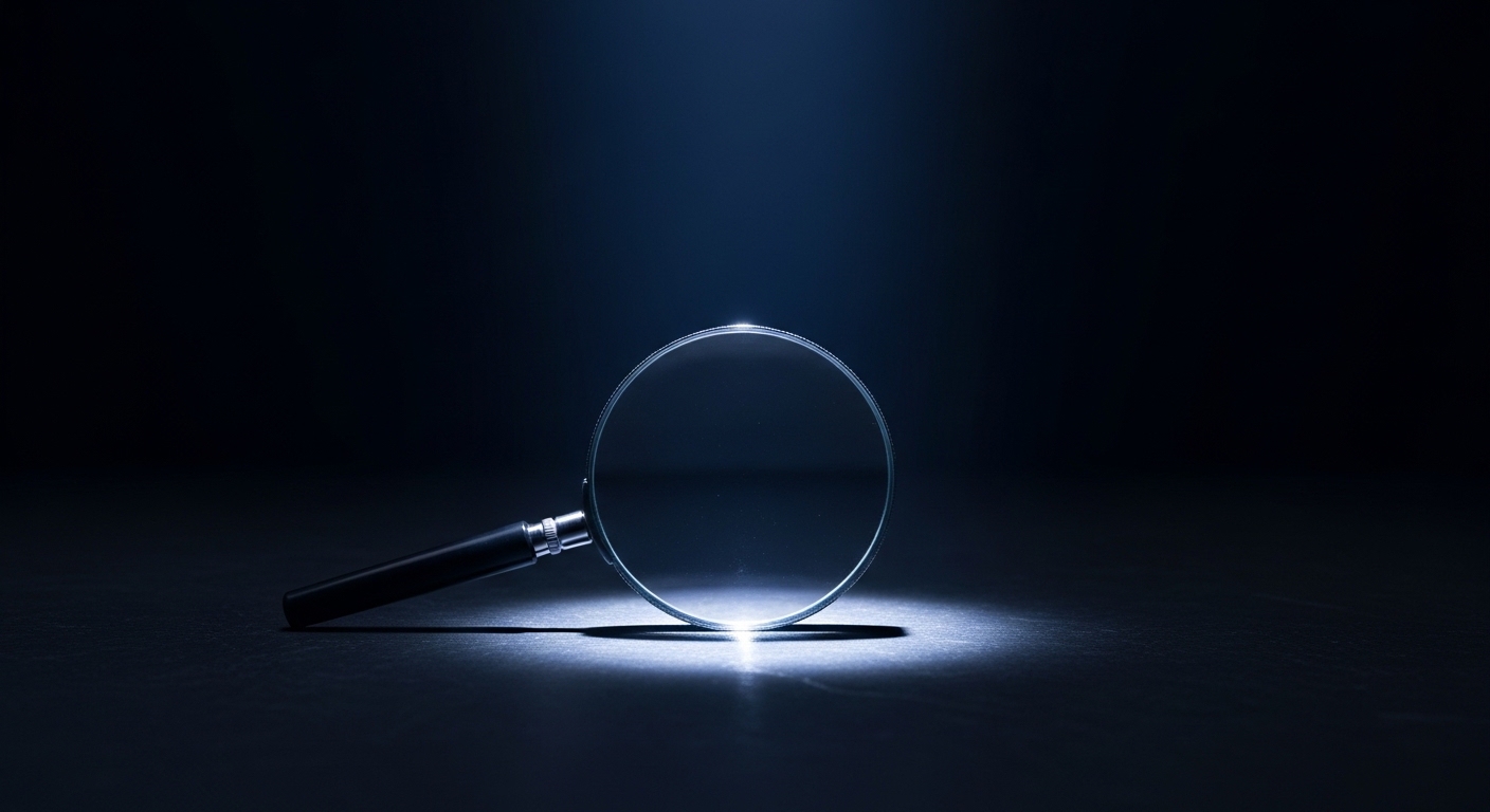 A magnifying glass lit by a single spotlight on a dark surface, representing local search visibility, by Andre Cobham