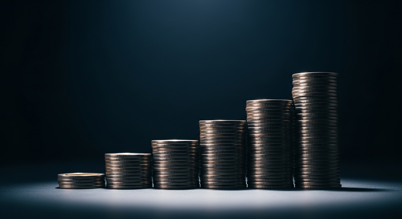 Ascending stacks of coins rising left to right, representing a climbing cost per lead, by Andre Cobham